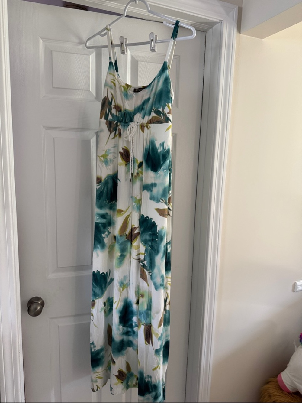 Tommy Bahama White Maxi Dress with Teal, Olive & Brown Watercolor Print